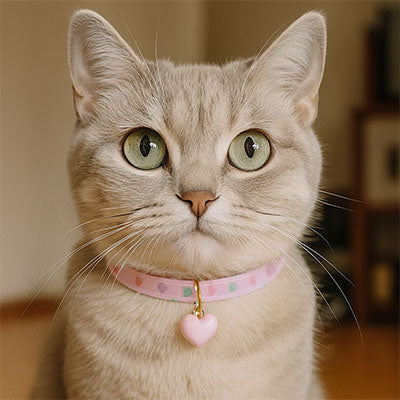 chat beige collier rose coeur