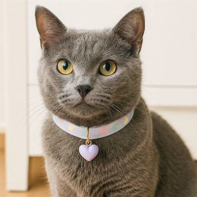 chat gris collier bleu coeur violet